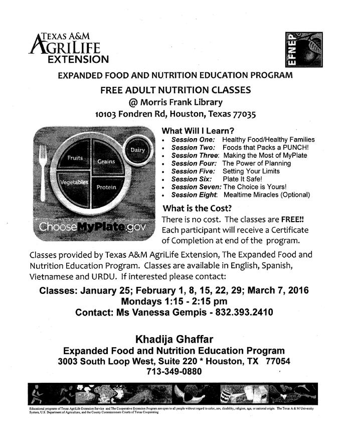 FREE Adult Nutrition Classes Monday Afternoon in February 2016